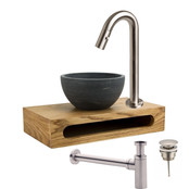 Mini Toilet Fonteinset Parro RVS Lupo 40x22x8cm Planchet massief hout met Handdoekhouder met Waskom natuursteen