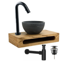 Mini Toilet Fonteinset Parro Zwart Lupo 40x22x8cm Planchet massief hout met Handdoekhouder met Waskom natuursteen