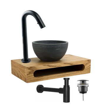 SANI-SUPPLY Parro Mini Toilet Fonteinset met Handdoekhouder Zwart Mat Kraan, Sifon en Push-UP Waskom Natuursteen