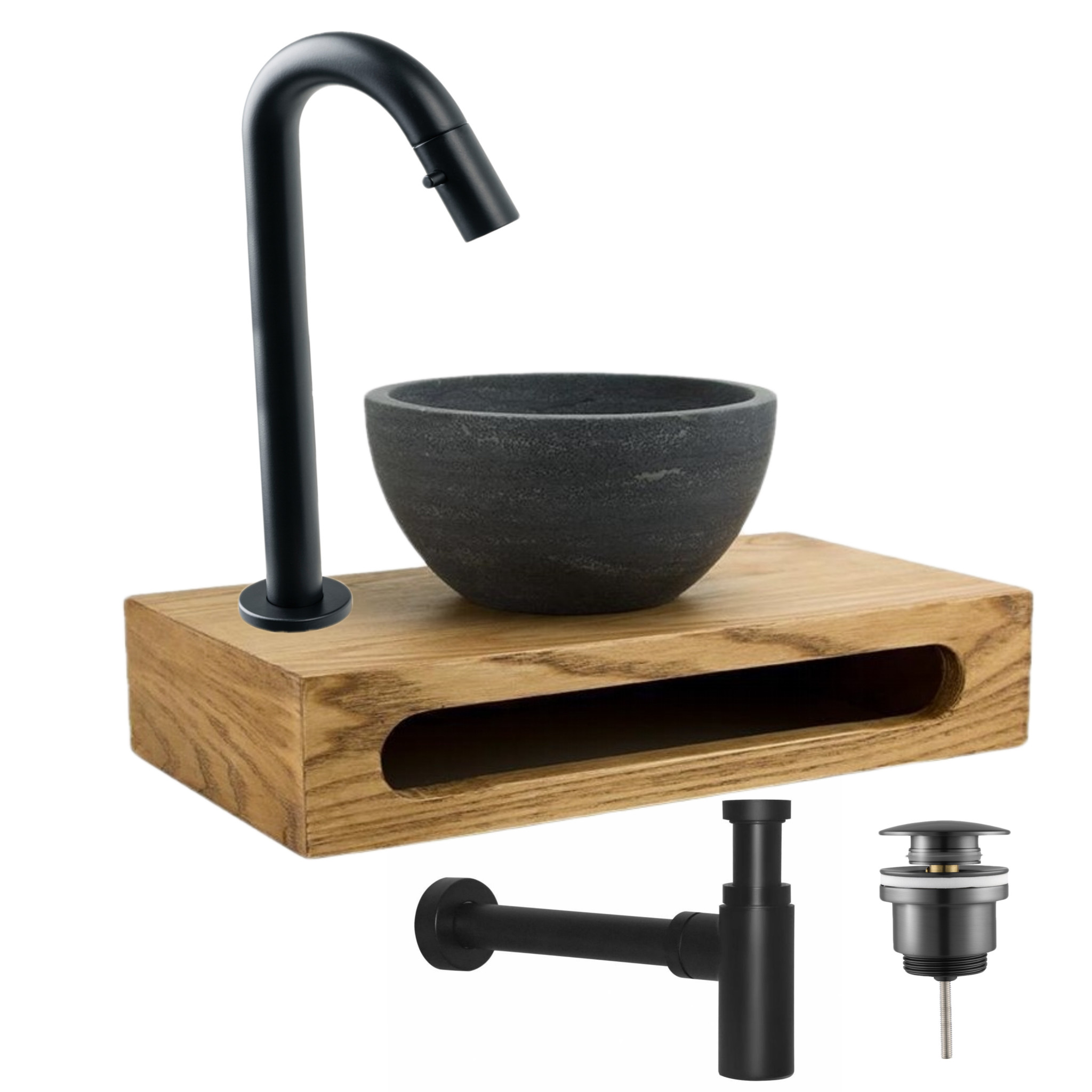 SaniPro Parro Mini Toilet Fonteinset met Handdoekhouder Zwart Mat Push-UP Waskom Natuursteen