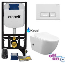 Creavit Toiletset met Bidet Koud Wit - Randloos Hangtoilet Creavit FE322 met geïntegreerd bidetkraan koud + Inbouwreservoir en drukplaat