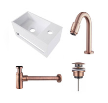 Fonteinset Yano Solid Surface Rechts 36x20x16cm Toiletkraan Clickwaste Sifon Koper