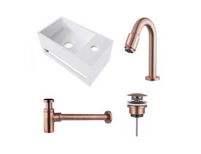 Fonteinset Yano Solid Surface Rechts 36x20x16cm Toiletkraan Clickwaste Sifon Koper