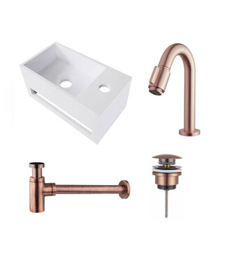 Fonteinset Yano Solid Surface Rechts 36x20x16cm Toiletkraan Clickwaste Sifon Koper