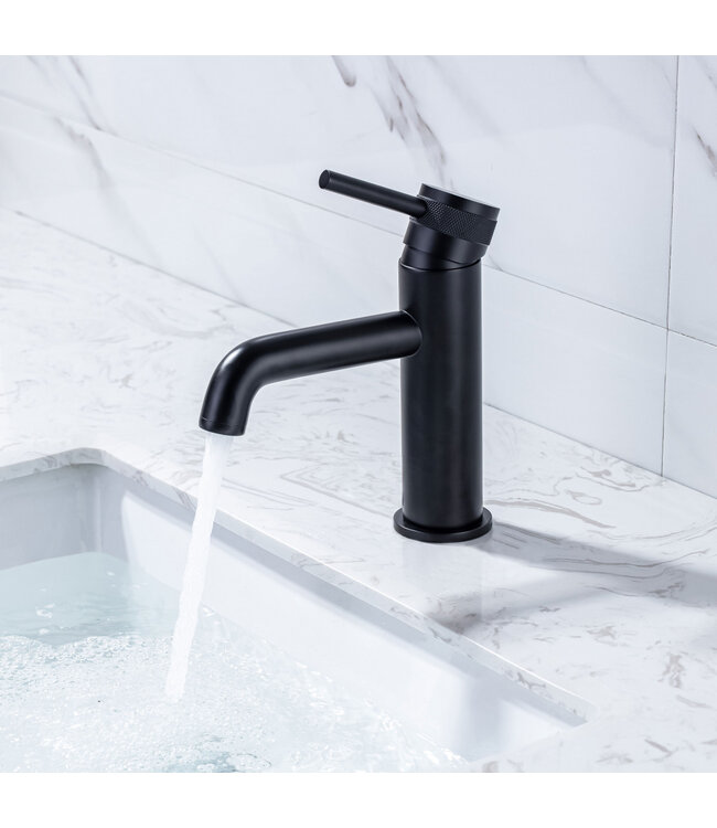 Wastafelkraan Amore Opbouw Laag Rond Mat Zwart 1 Greeps