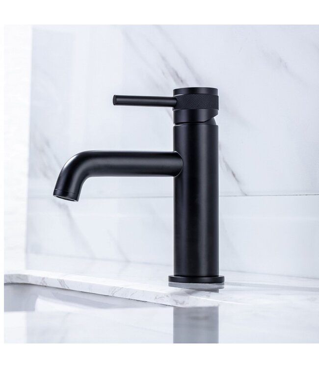 Wastafelkraan Amore Opbouw Laag Rond Mat Zwart 1 Greeps