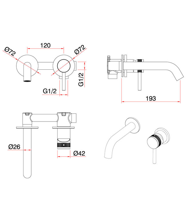 Wastafelkraan Amore Inbouw Mat Zwart Mengkraan Rond 1 Greeps