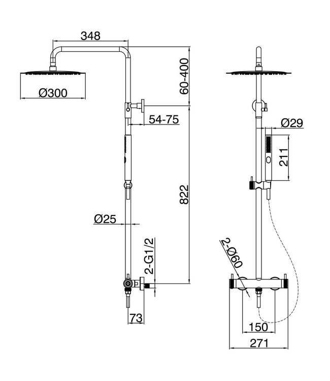 Regendoucheset Amore Opbouw Rond Chroom Thermostaatkraan Glijstang Hoofddouche en Staafhanddouche