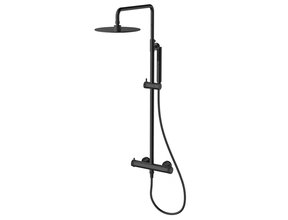 Regendoucheset Amore Opbouw Rond Mat Zwart Thermostaatkraan Glijstang Hoofddouche en Staafhanddouche