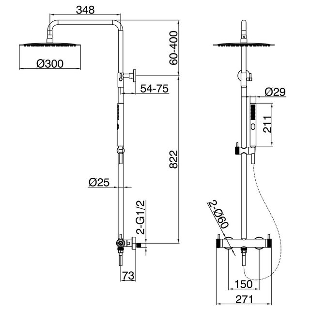 Regendoucheset Amore Opbouw Rond Mat Zwart Thermostaatkraan Glijstang Hoofddouche en Staafhanddouche