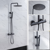 Regendoucheset Amore Opbouw Rond Mat Zwart Thermostaatkraan Glijstang Hoofddouche en Staafhanddouche