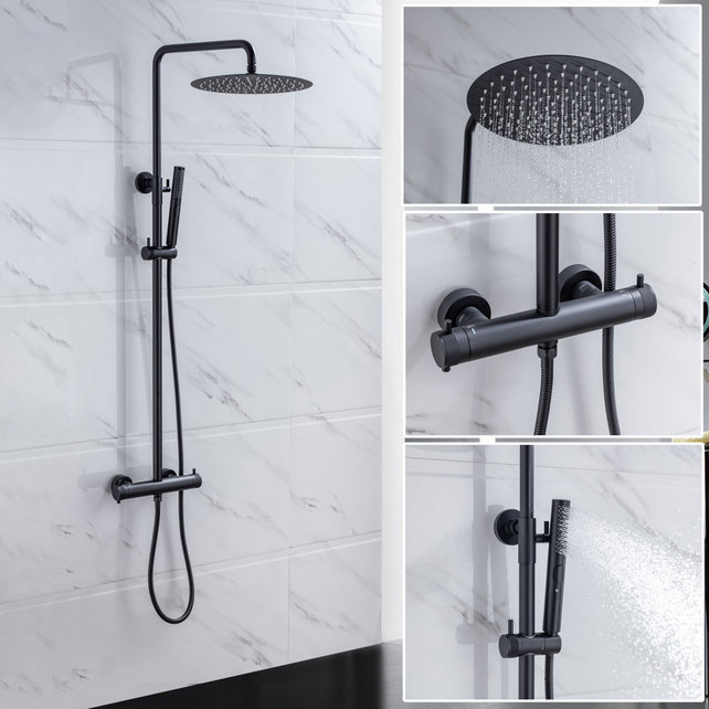 Regendoucheset Amore Opbouw Rond Mat Zwart Thermostaatkraan Glijstang Hoofddouche en Staafhanddouche