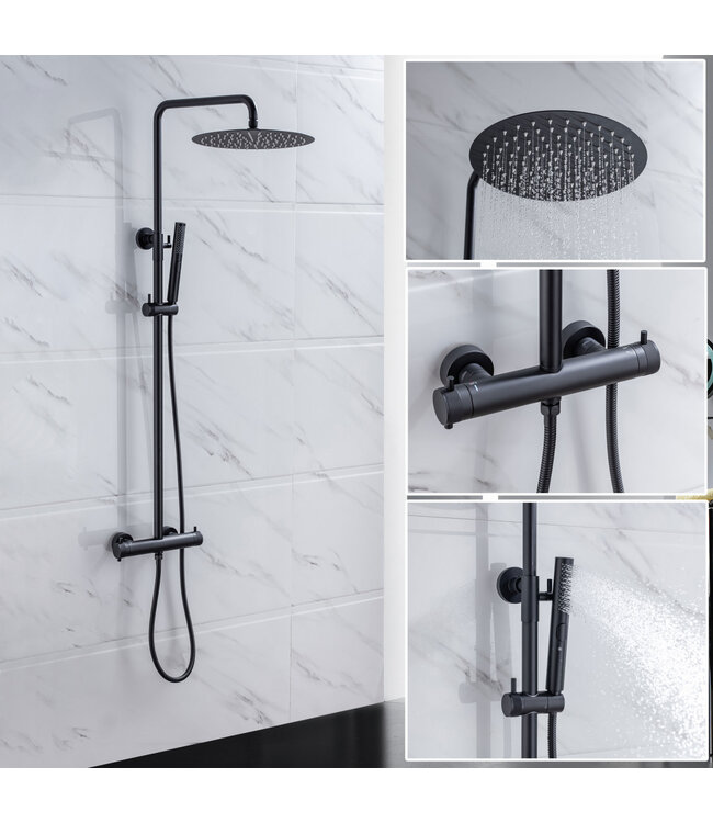 Regendoucheset Amore Opbouw Rond Mat Zwart Thermostaatkraan Glijstang Hoofddouche en Staafhanddouche