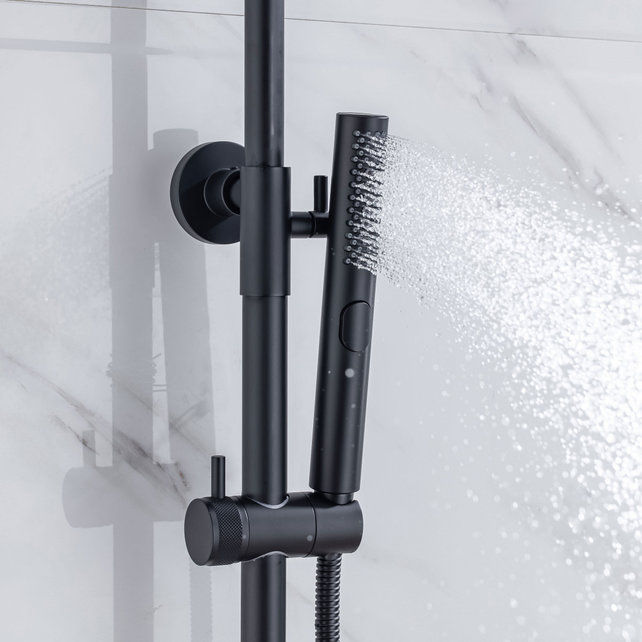 Regendoucheset Amore Opbouw Rond Mat Zwart Thermostaatkraan Glijstang Hoofddouche en Staafhanddouche