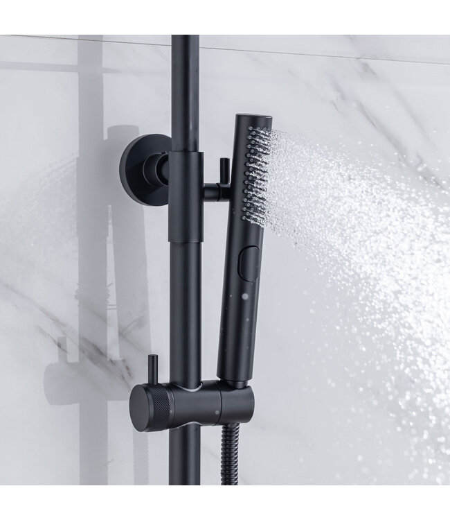 Regendoucheset Amore Opbouw Rond Mat Zwart Thermostaatkraan Glijstang Hoofddouche en Staafhanddouche