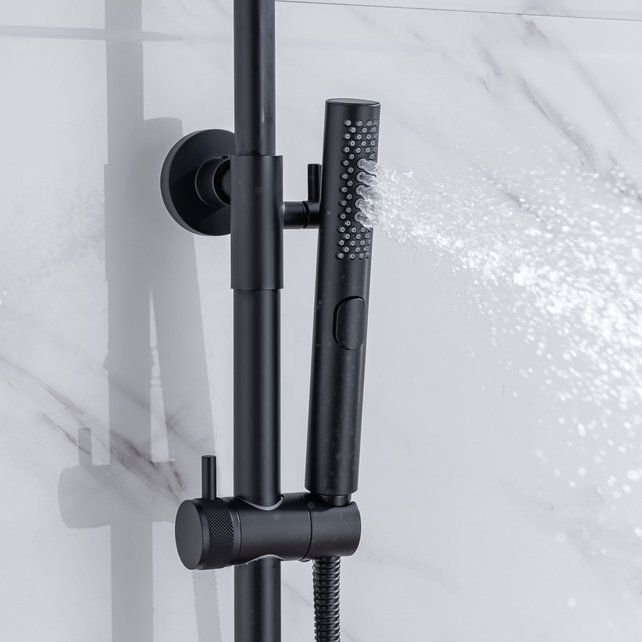 Regendoucheset Amore Opbouw Rond Mat Zwart Thermostaatkraan Glijstang Hoofddouche en Staafhanddouche