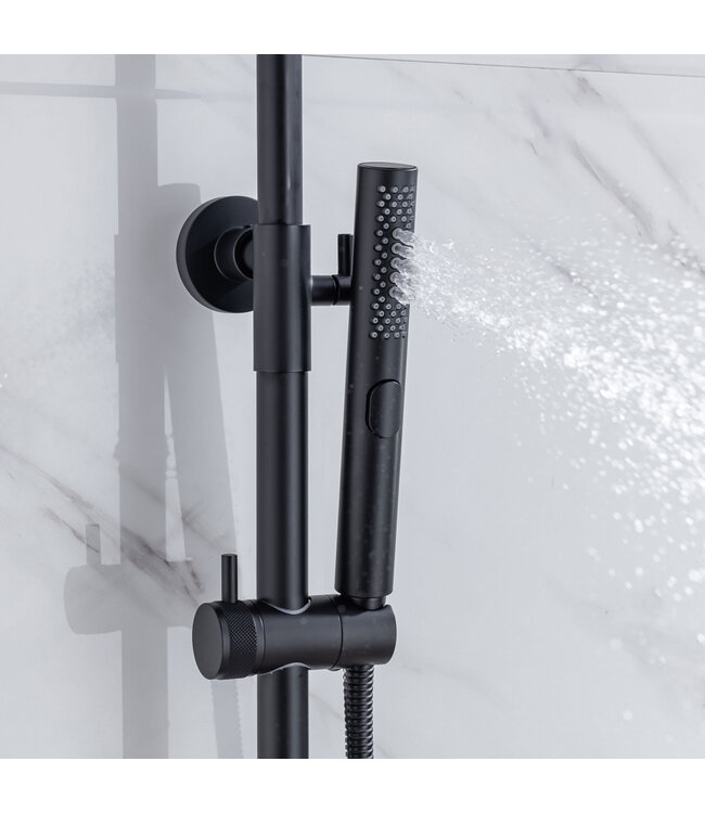 Regendoucheset Amore Opbouw Rond Mat Zwart Thermostaatkraan Glijstang Hoofddouche en Staafhanddouche