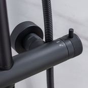 Regendoucheset Amore Opbouw Rond Mat Zwart Thermostaatkraan Glijstang Hoofddouche en Staafhanddouche