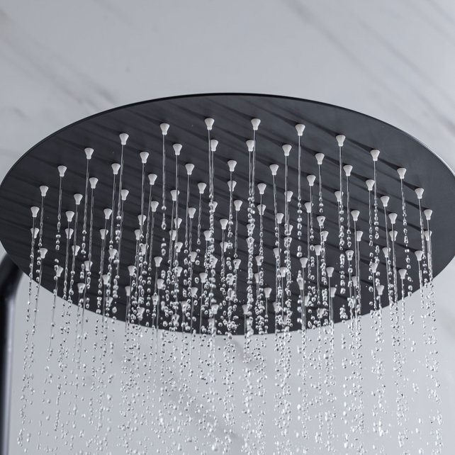 Regendoucheset Amore Opbouw Rond Mat Zwart Thermostaatkraan Glijstang Hoofddouche en Staafhanddouche