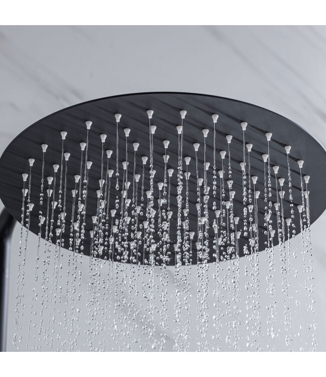 Regendoucheset Amore Opbouw Rond Mat Zwart Thermostaatkraan Glijstang Hoofddouche en Staafhanddouche