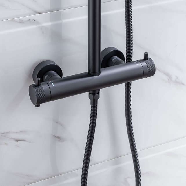 Regendoucheset Amore Opbouw Rond Mat Zwart Thermostaatkraan Glijstang Hoofddouche en Staafhanddouche