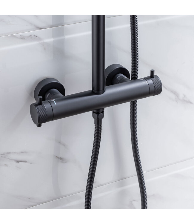 Regendoucheset Amore Opbouw Rond Mat Zwart Thermostaatkraan Glijstang Hoofddouche en Staafhanddouche