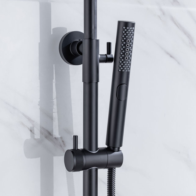 Regendoucheset Amore Opbouw Rond Mat Zwart Thermostaatkraan Glijstang Hoofddouche en Staafhanddouche