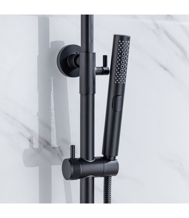 Regendoucheset Amore Opbouw Rond Mat Zwart Thermostaatkraan Glijstang Hoofddouche en Staafhanddouche