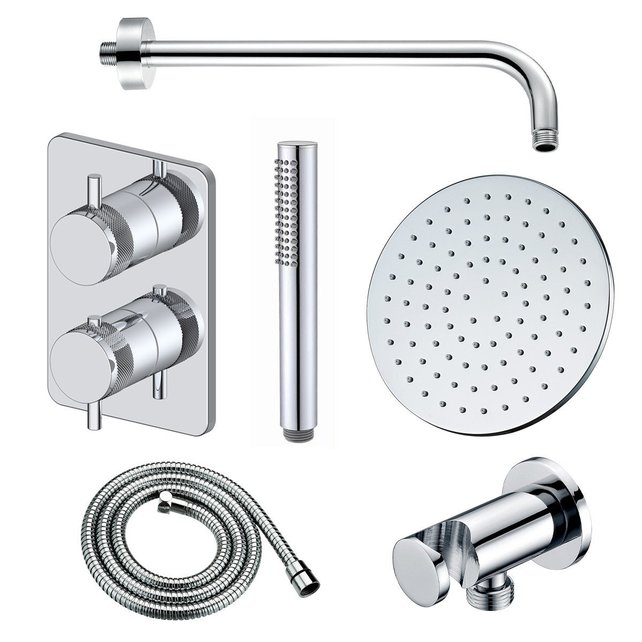 Regendoucheset Inbouw Muur Amore 25cm Rond Glans Chroom met Thermostaatkraan Hoofddouche en Staafhanddouche