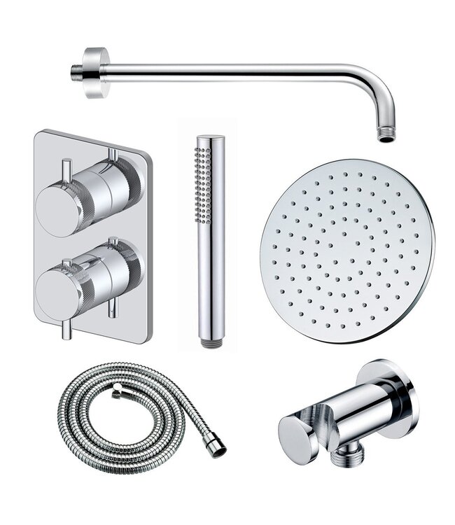 Regendoucheset Inbouw Muur Amore 25cm Rond Glans Chroom met Thermostaatkraan Hoofddouche en Staafhanddouche