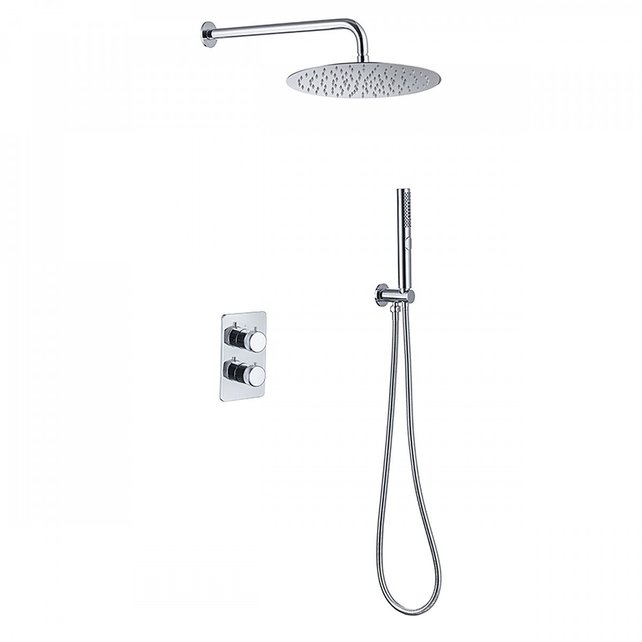 Regendoucheset Inbouw Muur Amore 25cm Rond Glans Mat Zwart met Thermostaatkraan Hoofddouche en Staafhanddouche Regendoucheset Inbouw Muur Amore 25cm Rond Glans Mat Zwart met Thermostaatkraan Hoofddouche en Staafhanddouche