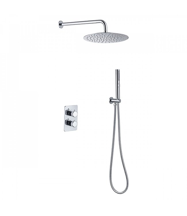 Regendoucheset Inbouw Muur Amore 25cm Rond Glans Mat Zwart met Thermostaatkraan Hoofddouche en Staafhanddouche