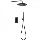 Regendoucheset Inbouw Muur Amore 25cm Rond Glans Mat Zwart met Thermostaatkraan Hoofddouche en Staafhanddouche Regendoucheset Inbouw Muur Amore 25cm Rond Glans Mat Zwart met Thermostaatkraan Hoofddouche en Staafhanddouche