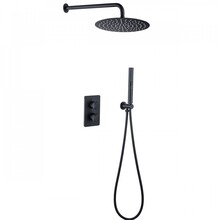 Regendoucheset Inbouw Muur Amore 25cm Rond Glans Mat Zwart met Thermostaatkraan Hoofddouche en Staafhanddouche