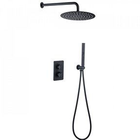 Regendoucheset Inbouw Muur Amore 25cm Rond Glans Mat Zwart met Thermostaatkraan Hoofddouche en Staafhanddouche