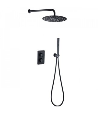 SANETTI Regendoucheset Inbouw Muur Amore 25cm Rond Glans Mat Zwart met Thermostaatkraan Hoofddouche en Staafhanddouche