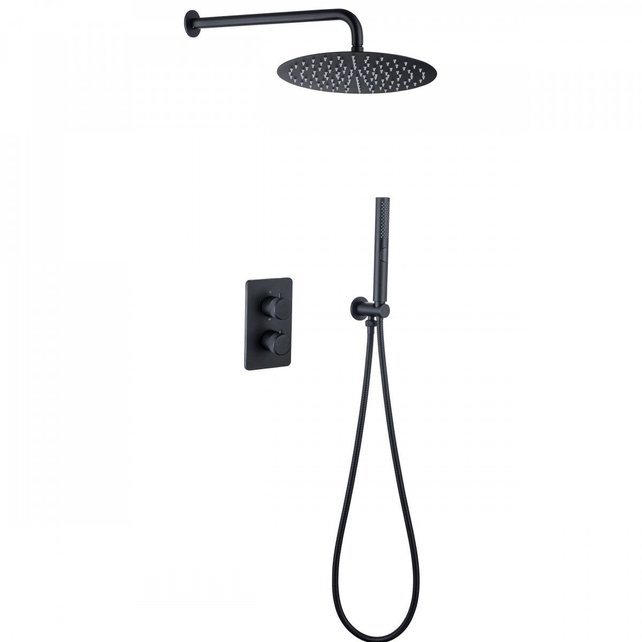 Regendoucheset Inbouw Muur Amore 25cm Rond Glans Mat Zwart met Thermostaatkraan Hoofddouche en Staafhanddouche Regendoucheset Inbouw Muur Amore 25cm Rond Glans Mat Zwart met Thermostaatkraan Hoofddouche en Staafhanddouche