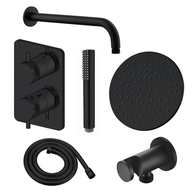 Regendoucheset Inbouw Muur Amore 25cm Rond Glans Mat Zwart met Thermostaatkraan Hoofddouche en Staafhanddouche Regendoucheset Inbouw Muur Amore 25cm Rond Glans Mat Zwart met Thermostaatkraan Hoofddouche en Staafhanddouche