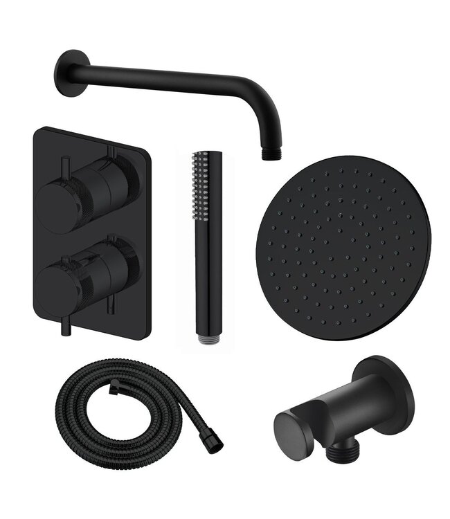 Regendoucheset Inbouw Muur Amore 25cm Rond Glans Mat Zwart met Thermostaatkraan Hoofddouche en Staafhanddouche