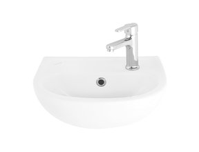 Fonteintje Bella 29x36cm Halfrond keramiek hoogglans wit met overloop en kraangat