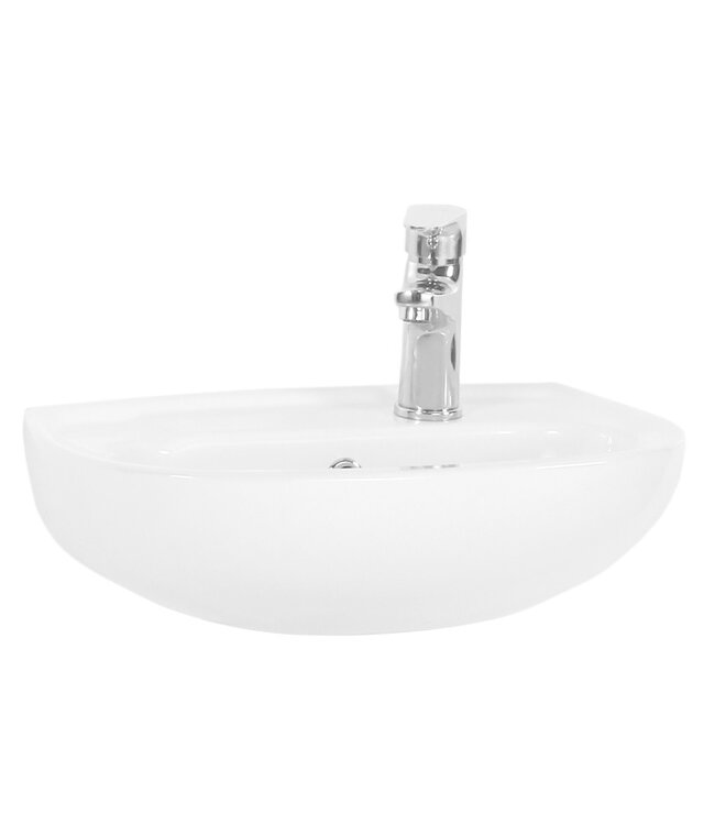 Fonteintje Bella 45x30cm Halfrond keramiek hoogglans wit met overloop en kraangat