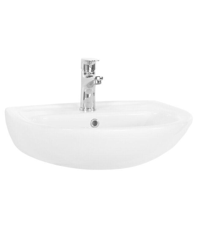 Fonteintje Bella 45x30cm Halfrond keramiek hoogglans wit met overloop en kraangat