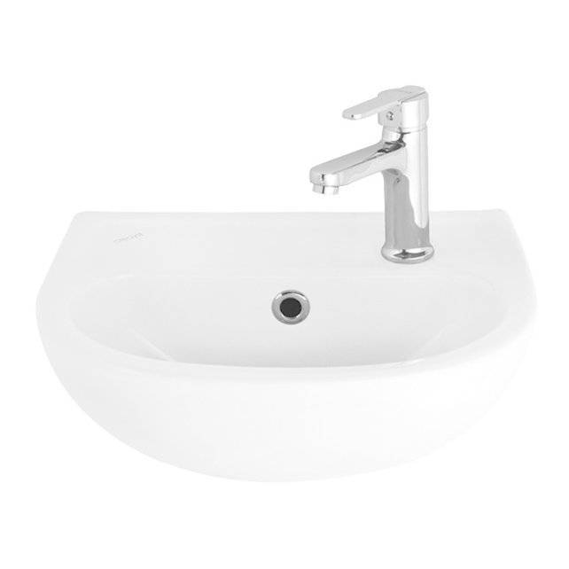 Fonteintje Bella 50x40cm Halfrond keramiek hoogglans wit met overloop en kraangat