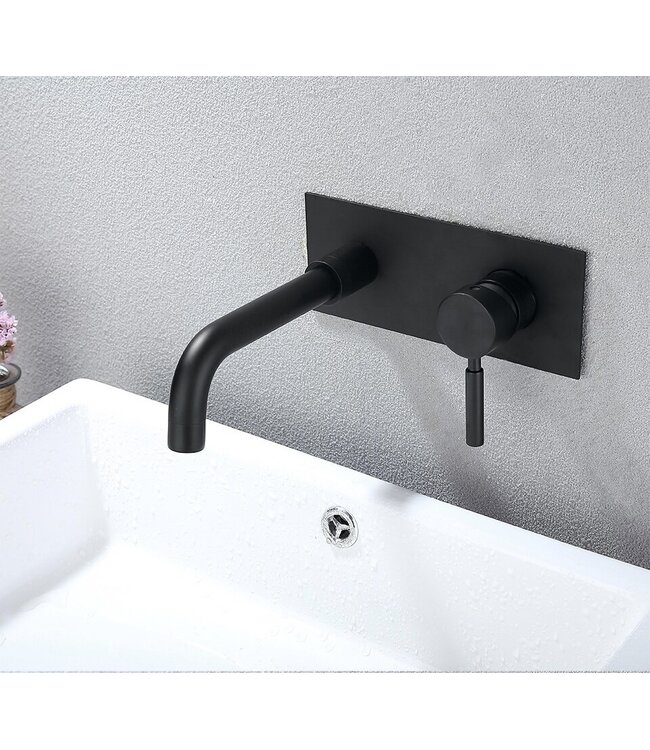 Wastafelkraan inbouw Roma Zwart Mat Wandkraan Rond 2-gats met muurplaat