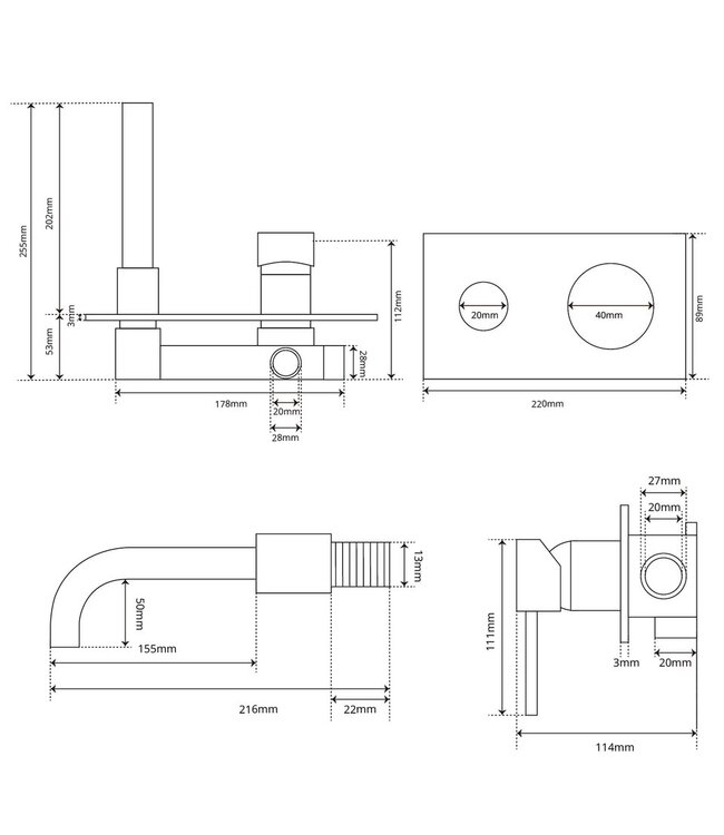 Wastafelkraan inbouw Roma Zwart Mat Wandkraan Rond 2-gats met muurplaat