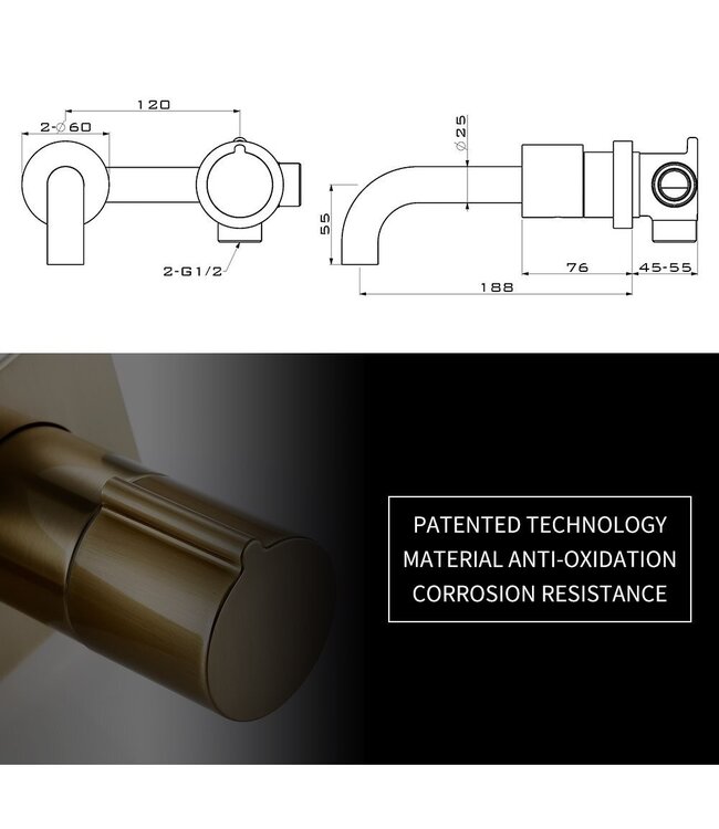 Wastafelkraan inbouw Vanity Geborsteld Goud Wandkraan Rond 2-gats met muurplaat