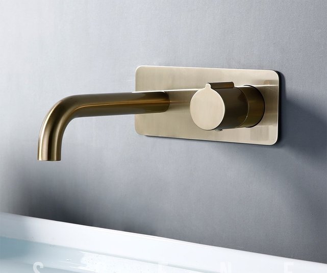 Wastafelkraan inbouw Vanity Geborsteld Goud Wandkraan Rond 2-gats met muurplaat