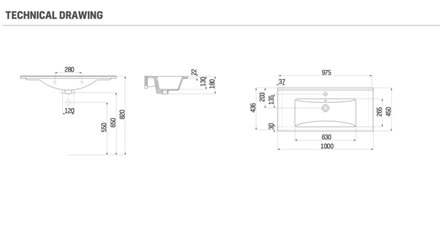 Keramische Wastafel Sally 100x45x2cm Wit met kraangat en overloop