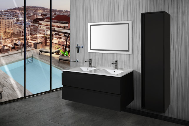 Creavit Sally Badkamermeubel Mat zwart 160x50x45cm met Solid Surface Wastafel met overloop zonder kraangat vier lades softclose.