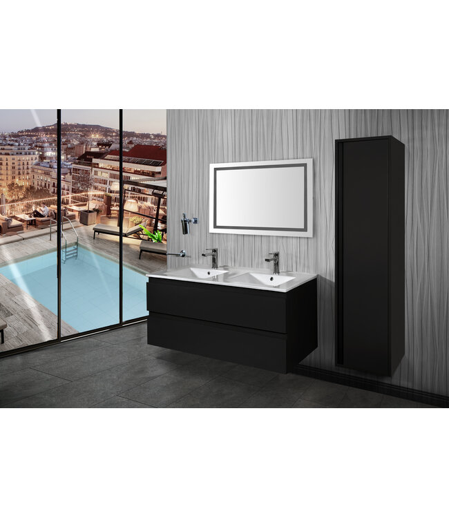 Creavit Sally Badkamermeubel Mat zwart 160x50x45cm met Solid Surface Wastafel met overloop zonder kraangat vier lades softclose.